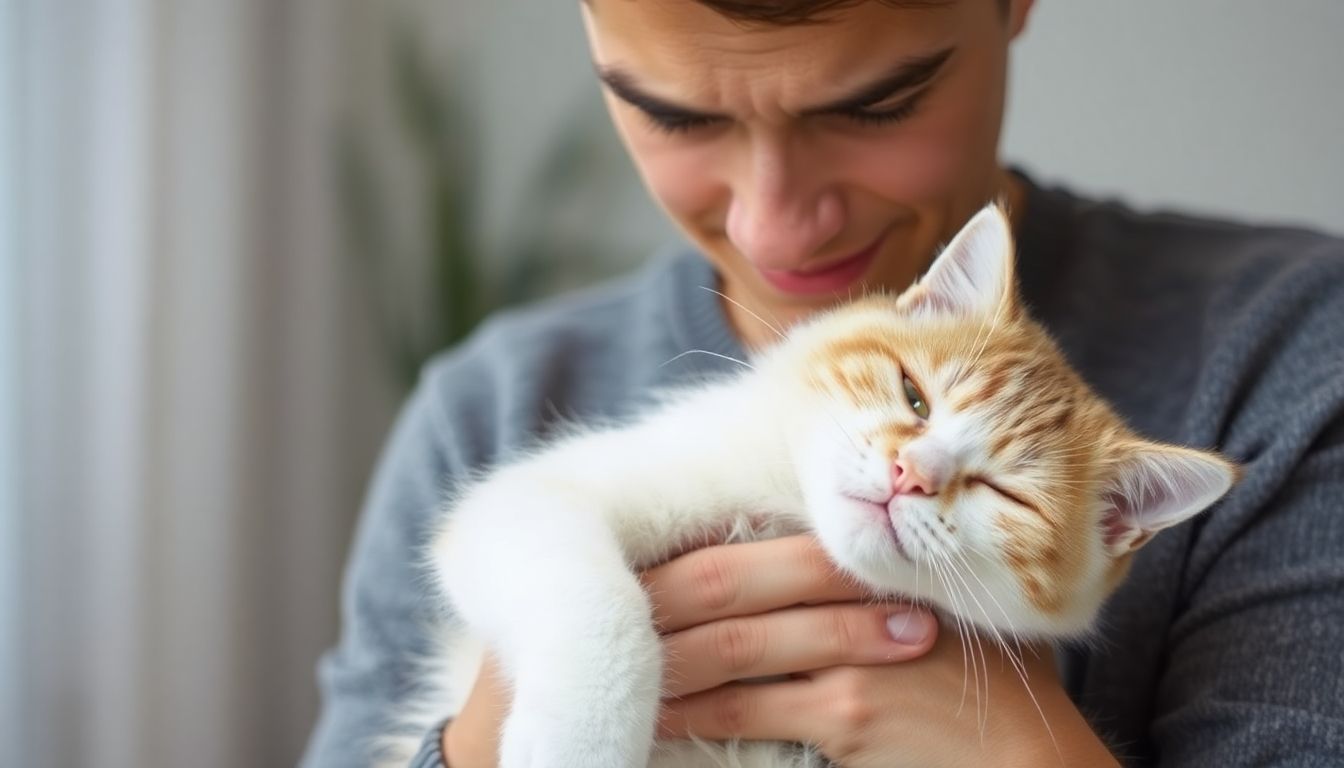 Symptome der Katzenallergie: Person sneezing with a cat, illustrating allergy symptoms.