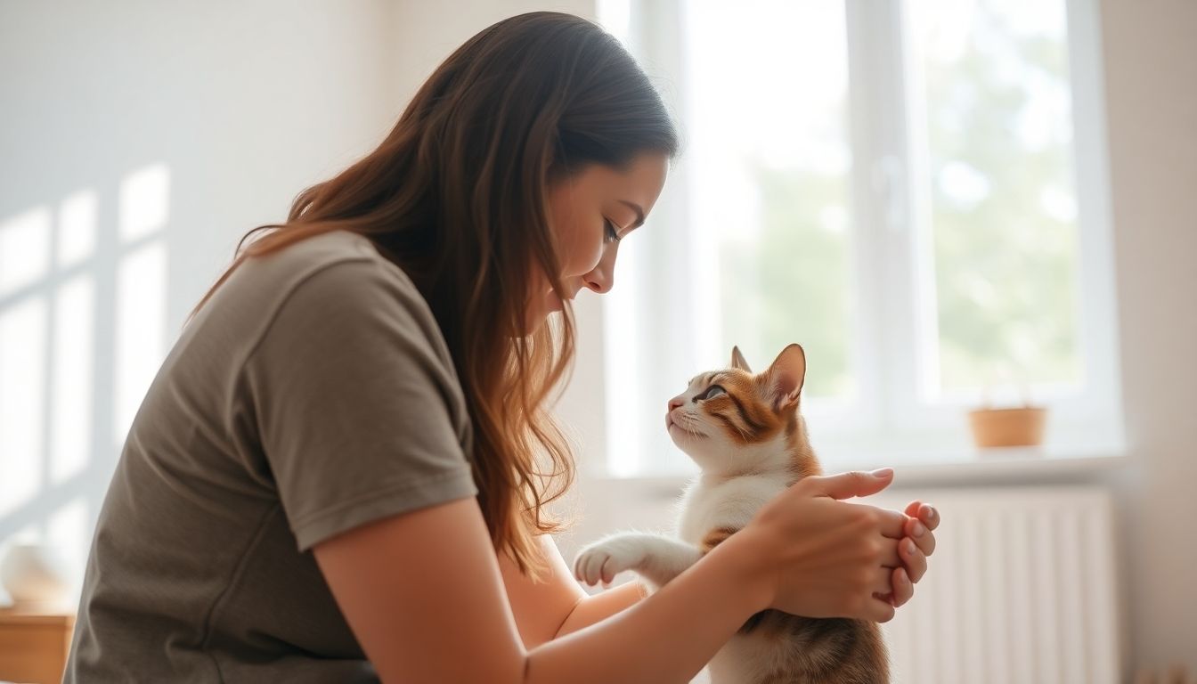 Katzenallergie und psychische Gesundheit: Person with a cat in a bright room setting.