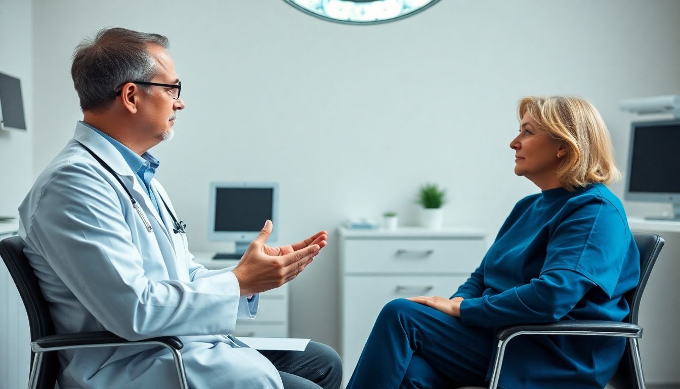 Laparotomie: Arzt und Patientin besprechen eine Operation in einer Praxis.