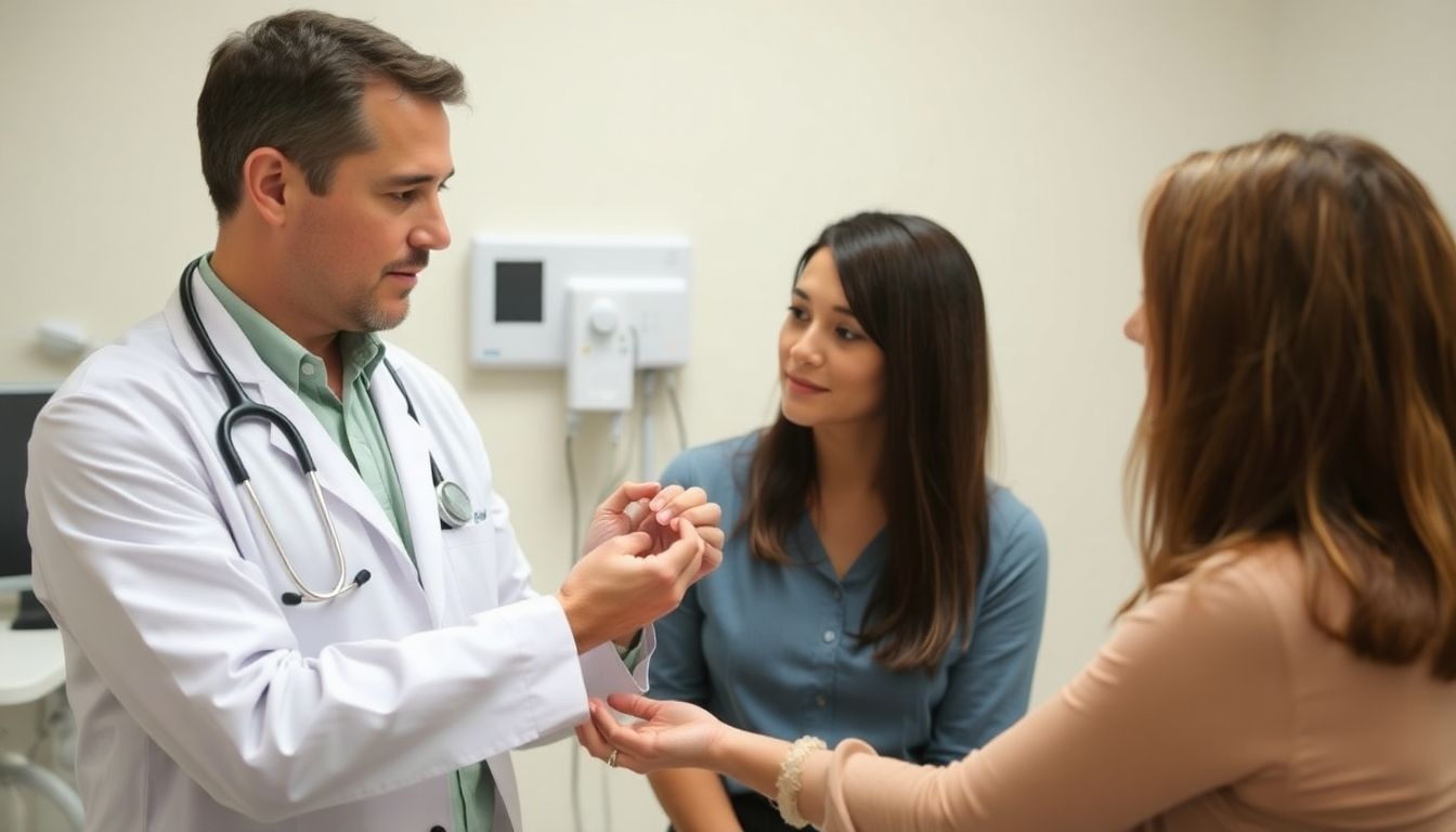Kontaktallergie und Kontaktekzem: Doctor examining patient with skin rash in clinic.