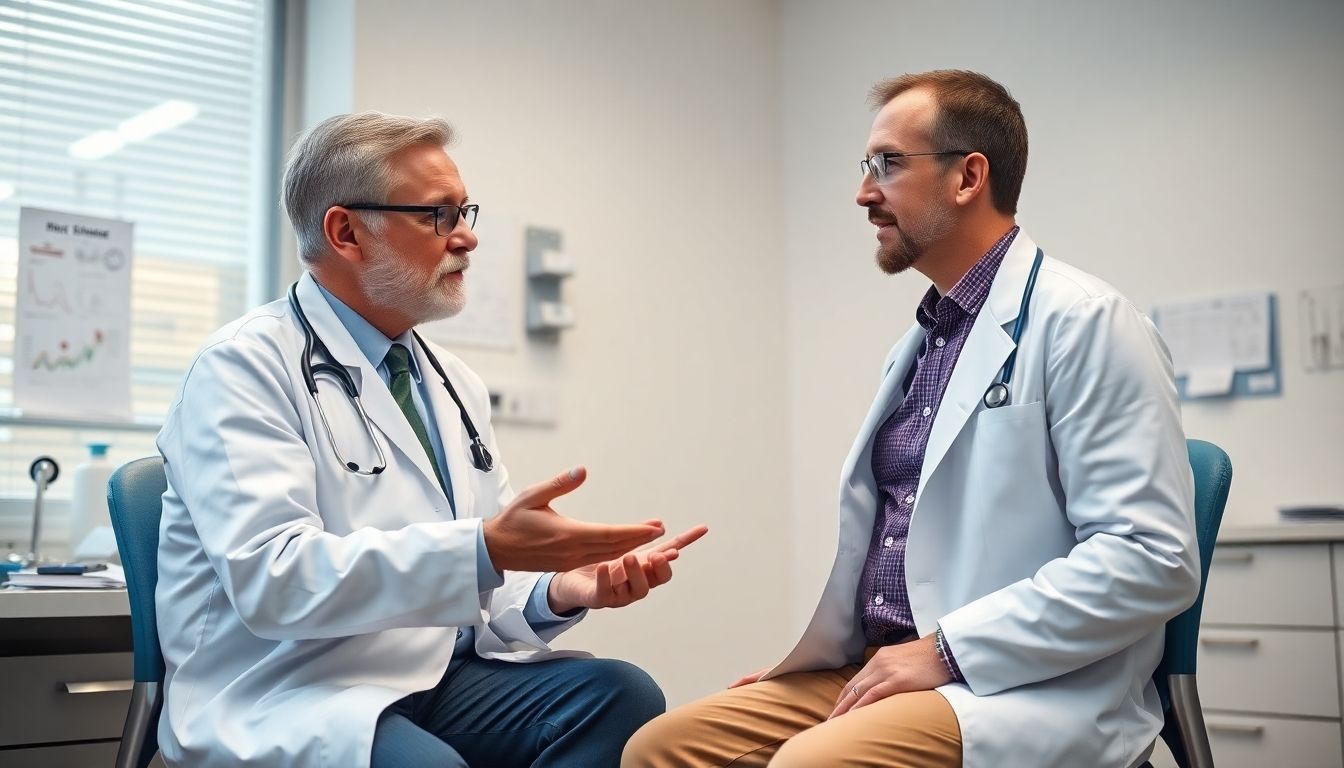 Saugwurmbefall bei Erwachsenen: Doctor consulting with patient in a bright medical office.