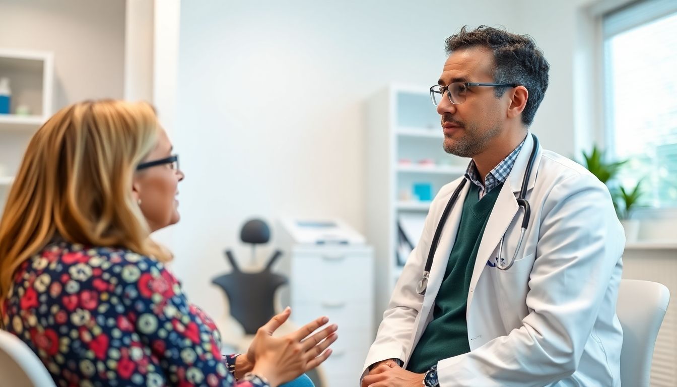 Doctor and patient discussing travel-related diarrhea symptoms.