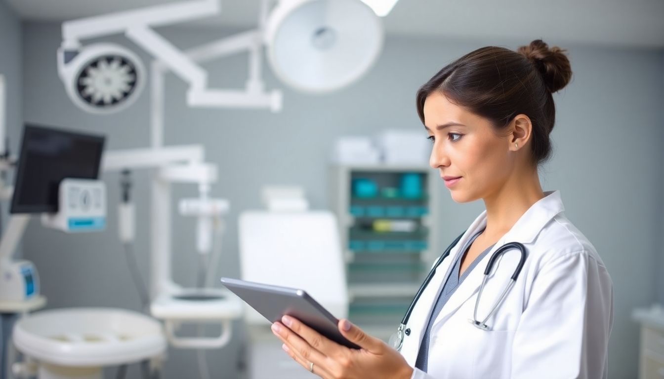 Streptococcus pyogenes: Doctor with tablet in a clinical setting.
