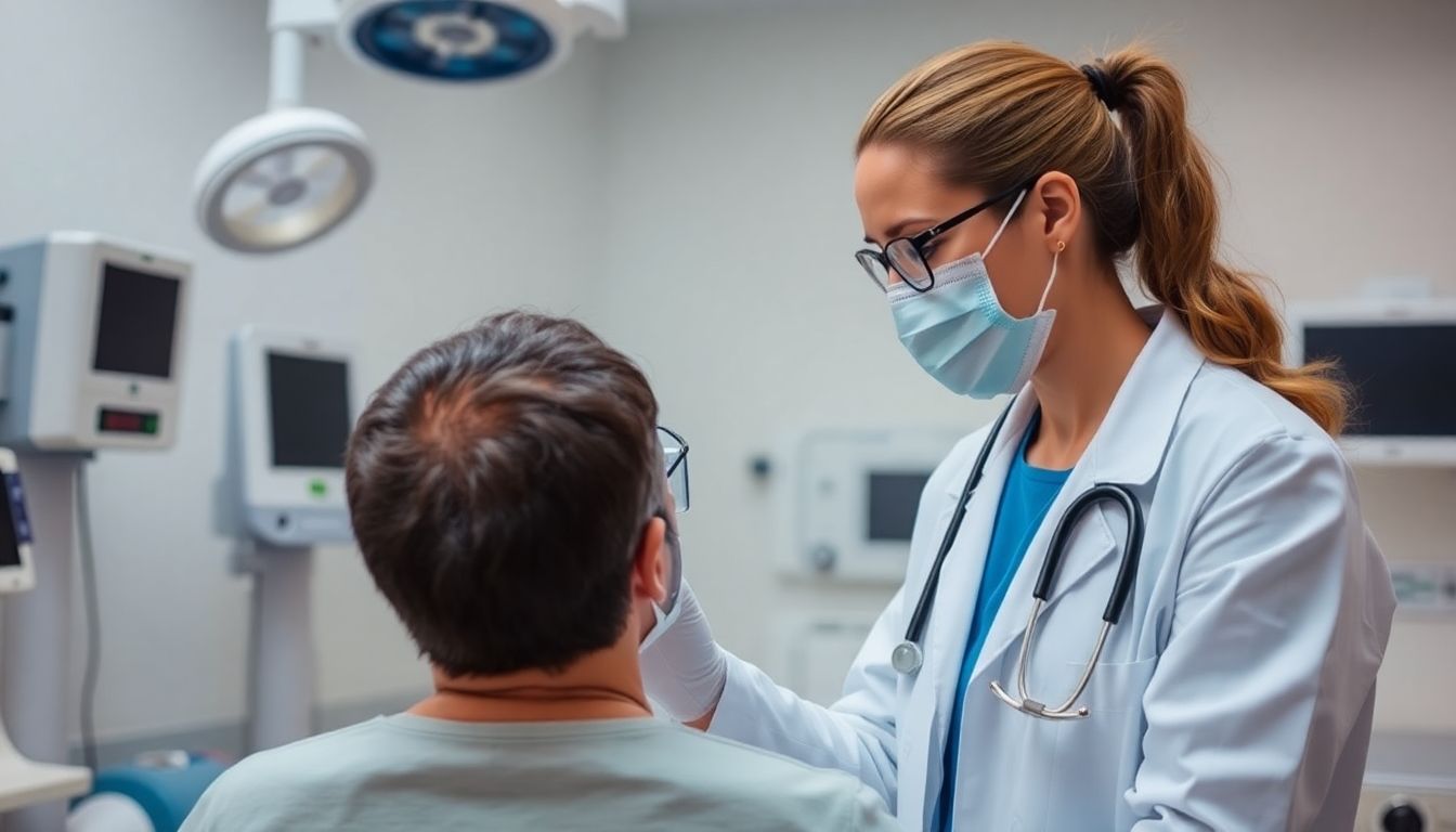 Übertragungswege von SARS-CoV-2: Doctor examining a patient in a clinical setting.