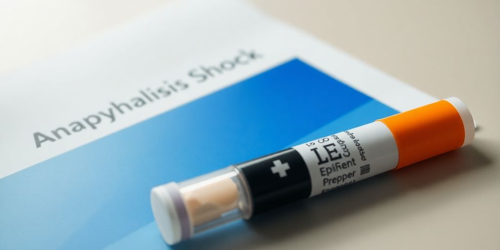 anaphylaktischen Schock: Nahaufnahme eines EpiPens und medizinischen Unterlagen.