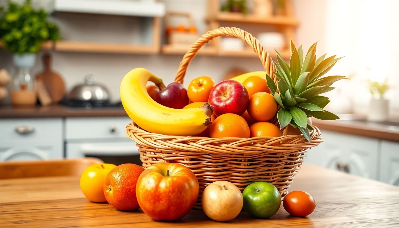 Fleckfieber und Ernährung: Colorful fruit basket in a cozy kitchen setting.