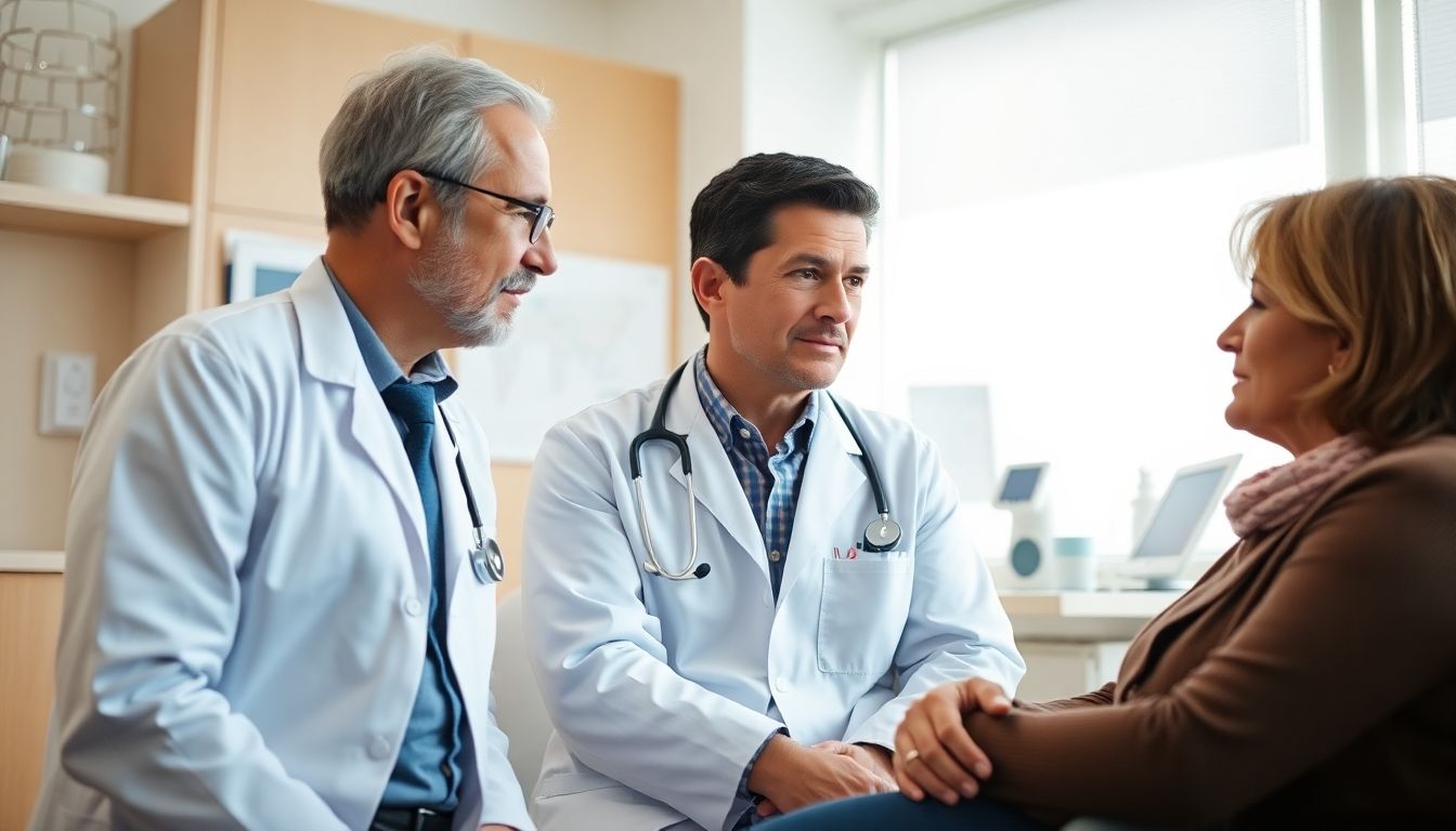 Langzeitfolgen einer Cyclosporainfektion: Doctor and patient in a bright medical office.
