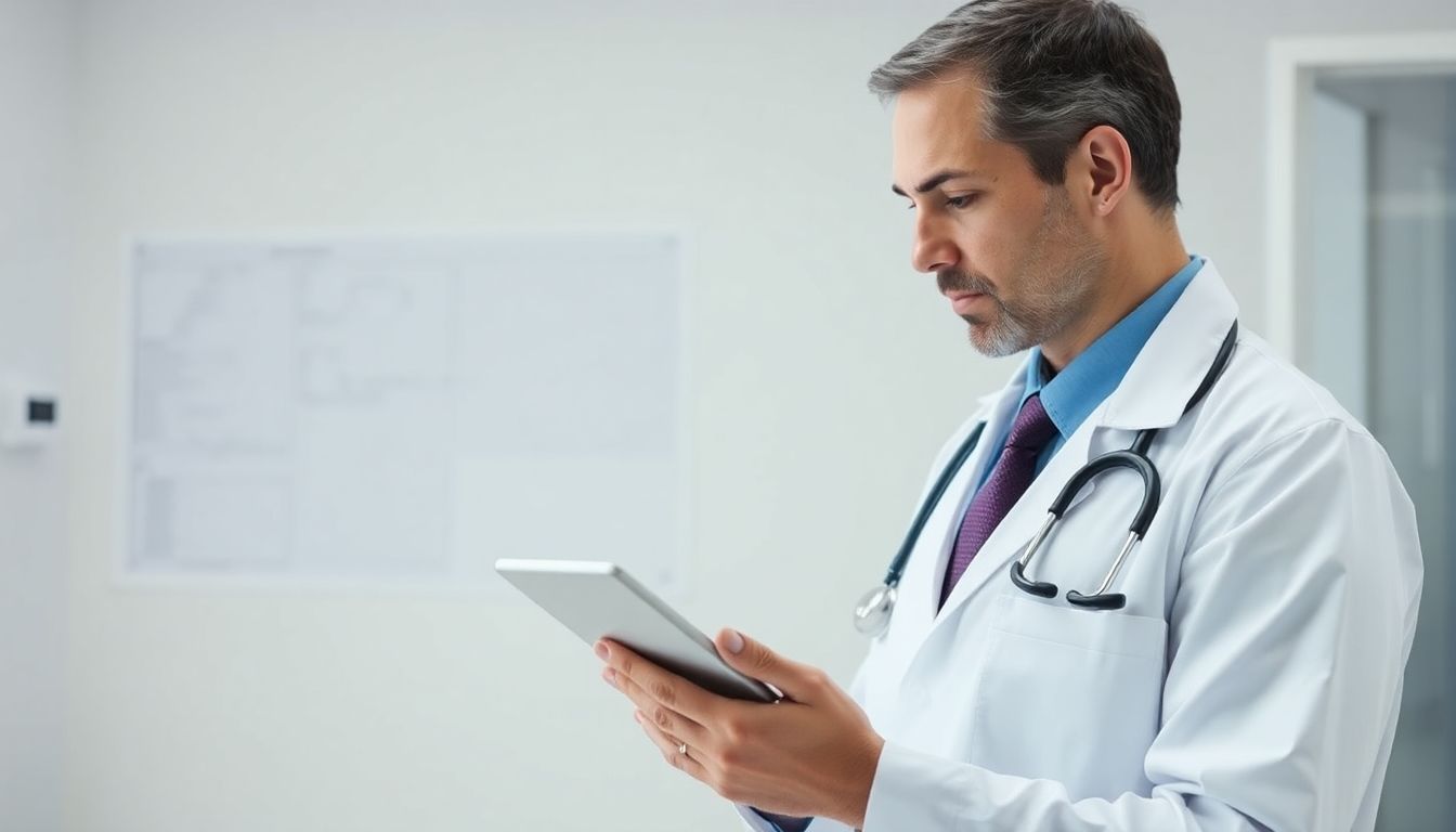 Aspergillose Diagnose: Doctor with tablet in a clinical setting.