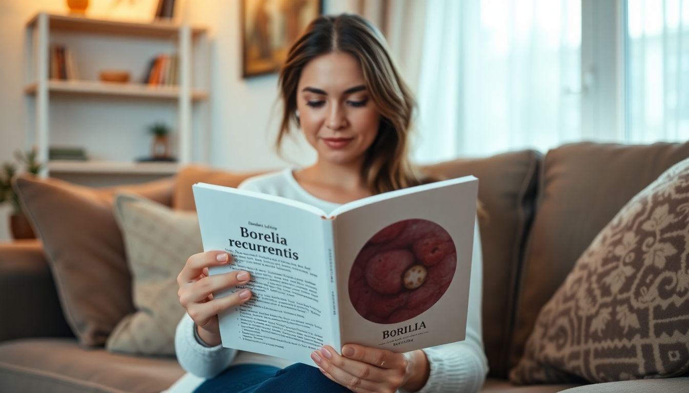 Woman reading about Borrelia recurrentis in living room.