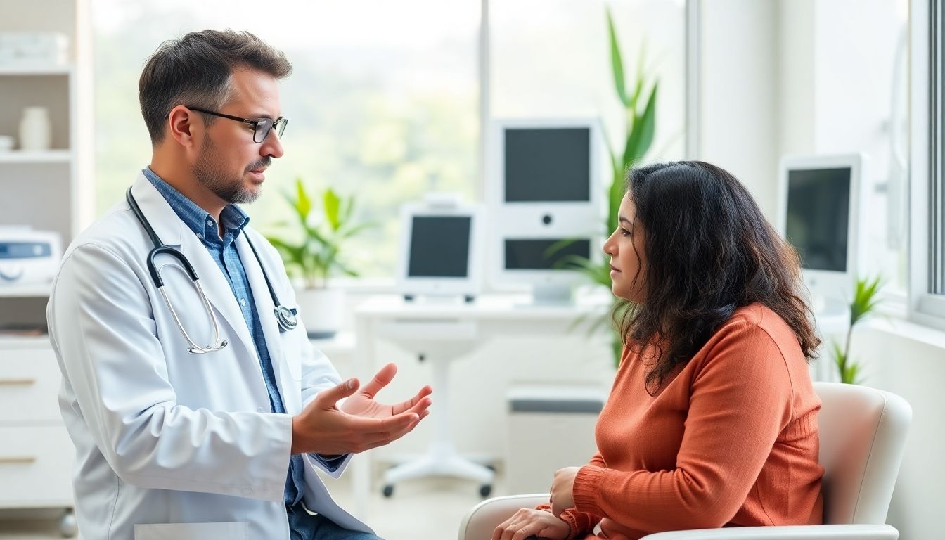 Ursachen der Blastocystisinfektion: Doctor and patient in a bright medical office.