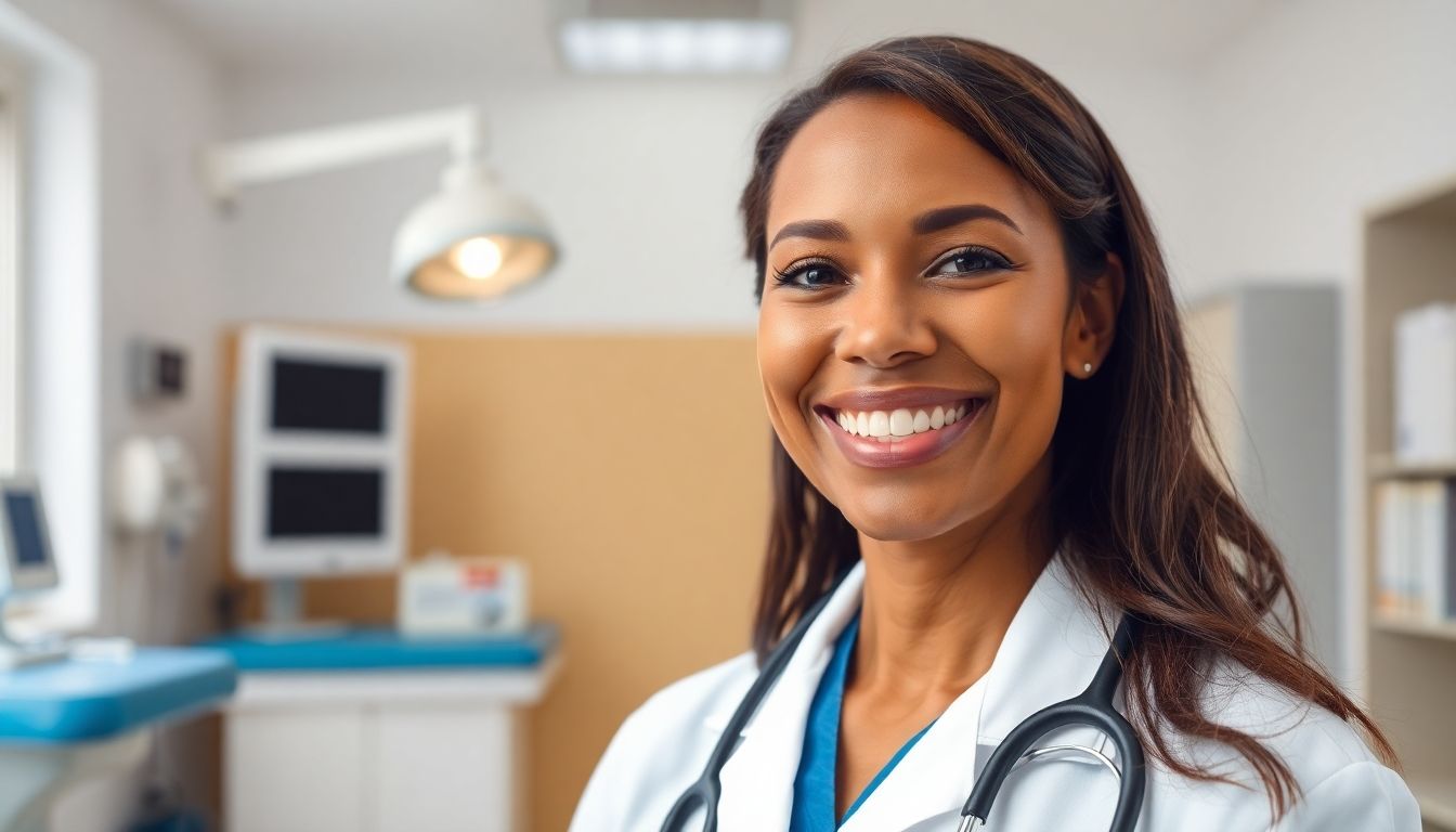 Prävention von Elephantiasis: Smiling doctor in a bright clinic setting.