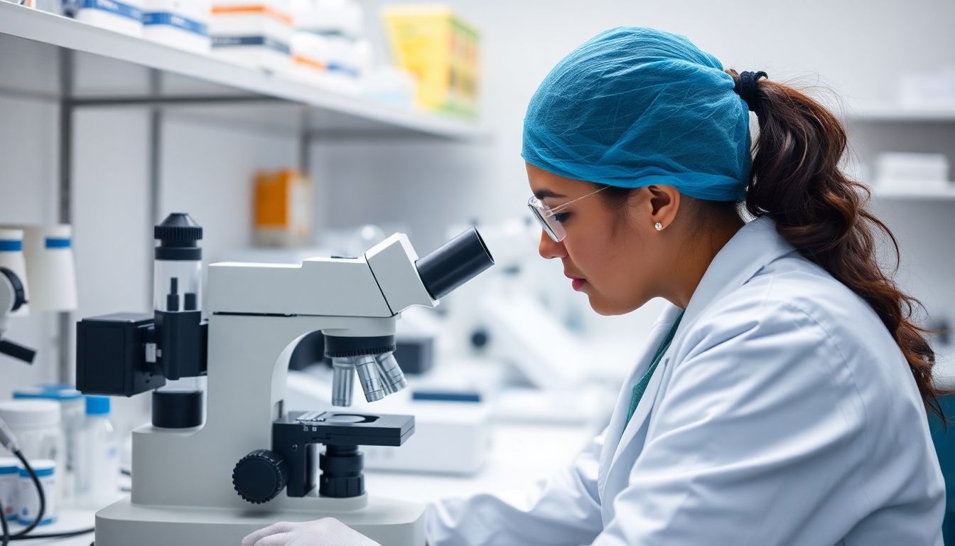 Klinische Studien zu Elephantiasis: Doctor examining samples under a microscope in a lab.