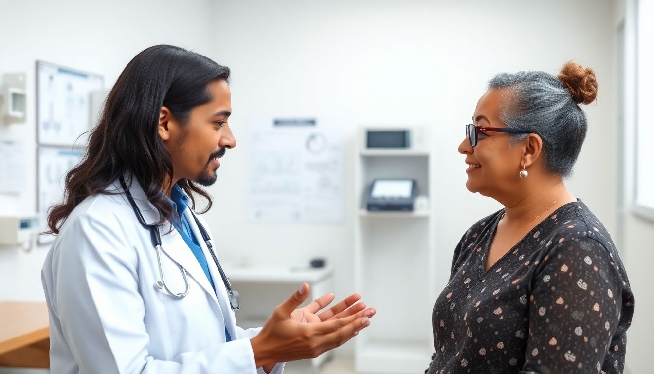 Behandlung der Chagas Krankheit: Doctor consulting with a patient in a bright clinic.