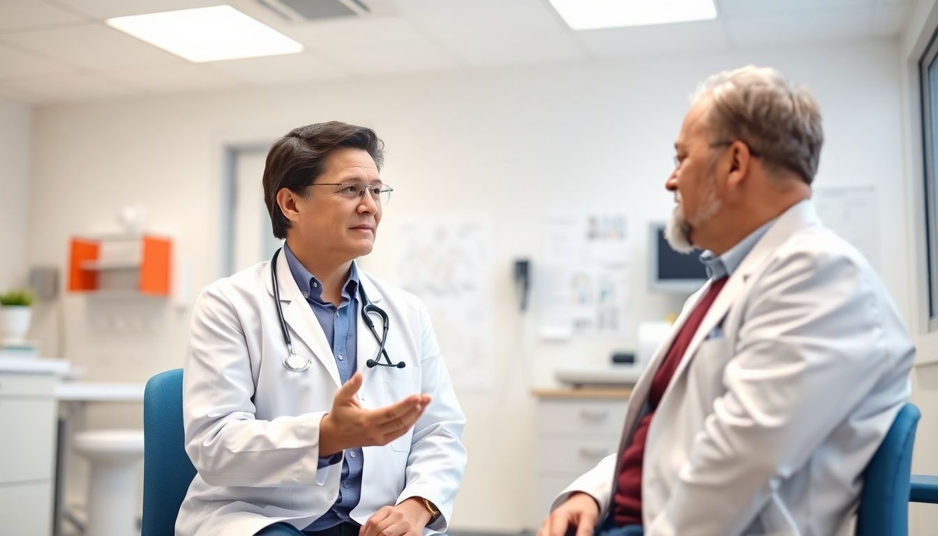 Doctor and patient in a bright medical office.
