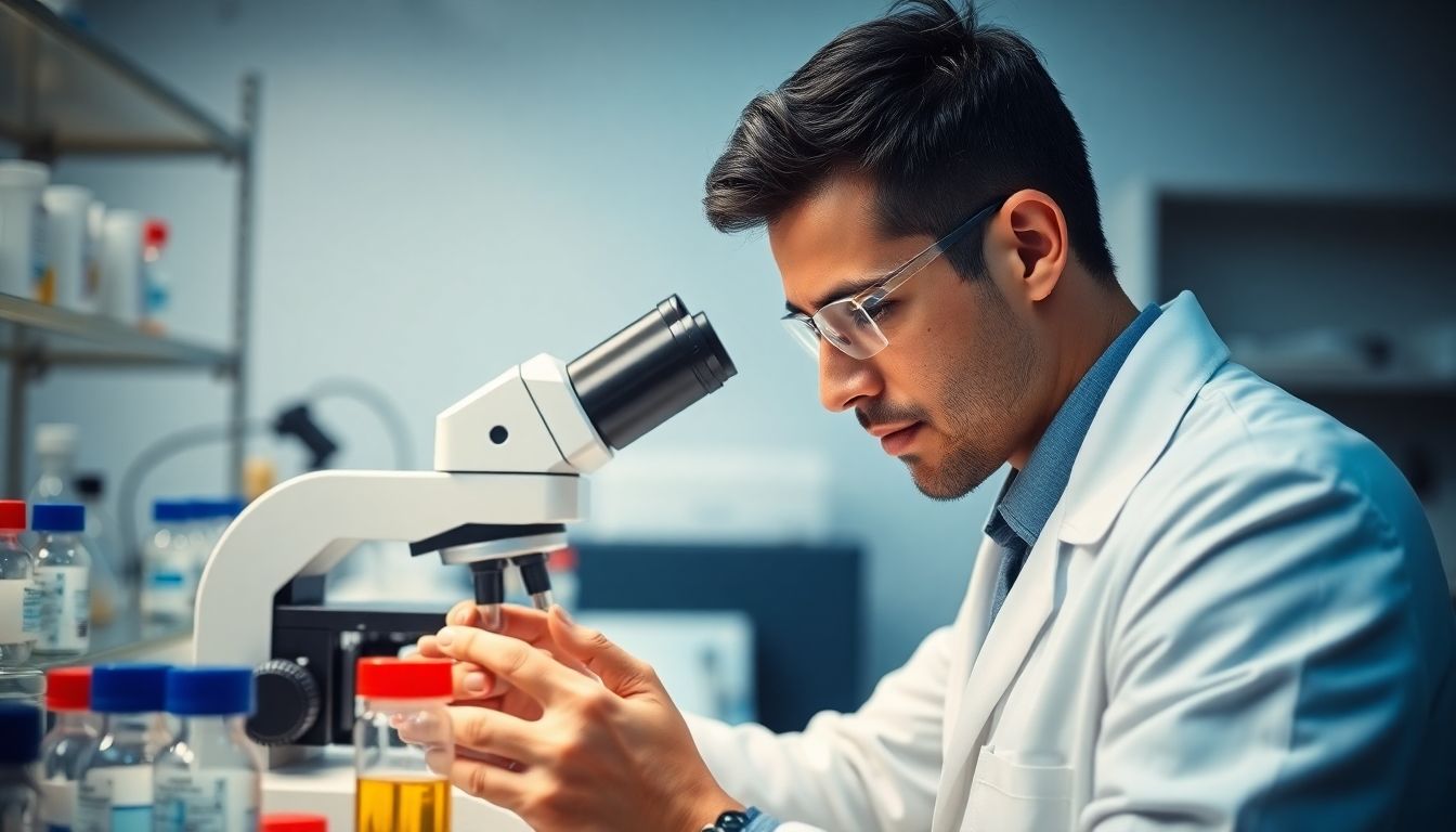 Bornaviren: Doctor in a lab examining samples under a microscope.