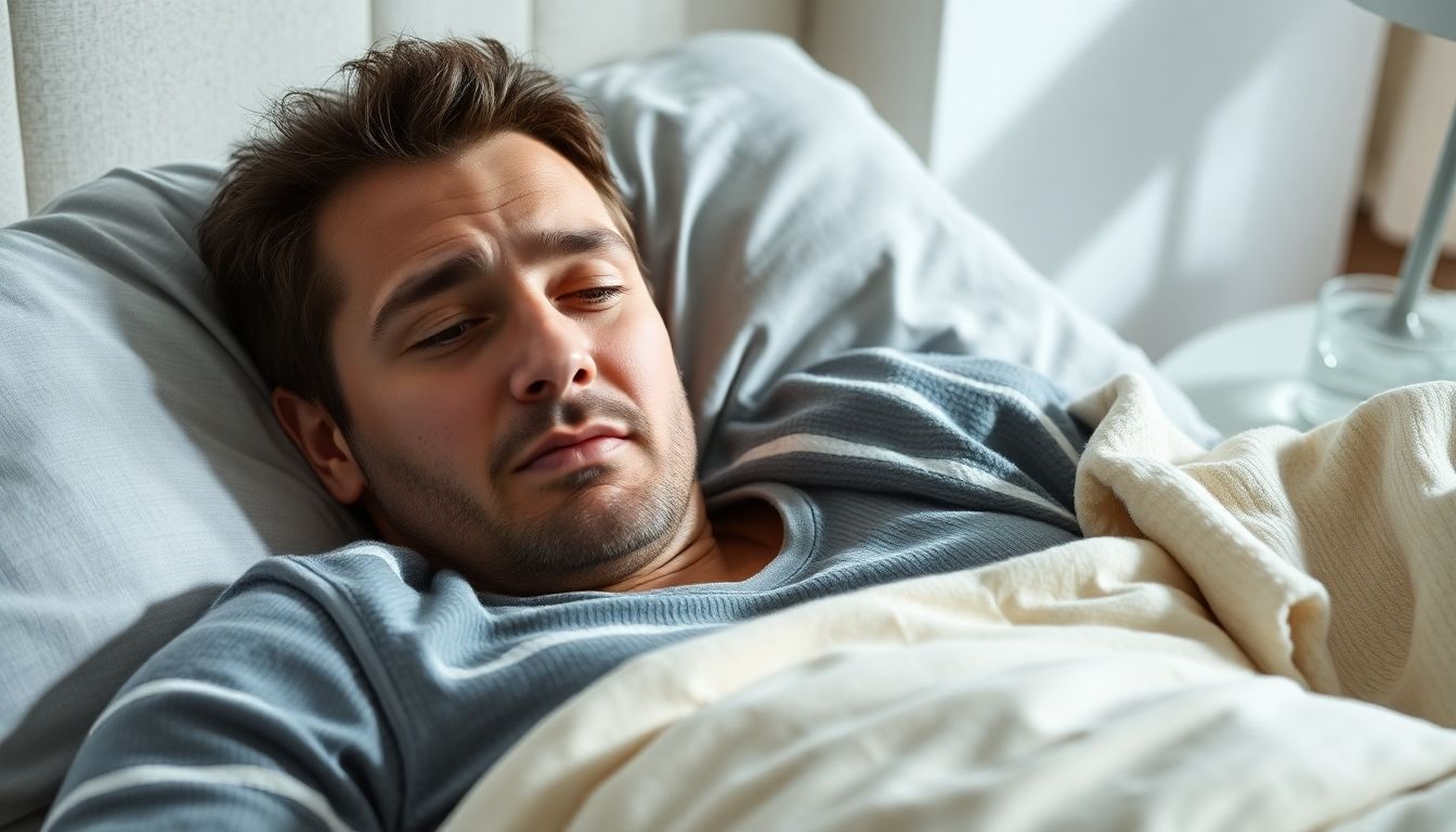 Man with Grippe resting in a bright bedroom.