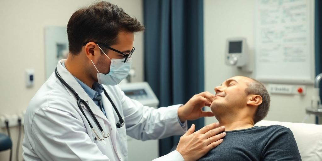 Arzt untersucht Patient auf Fasziolose Symptome.