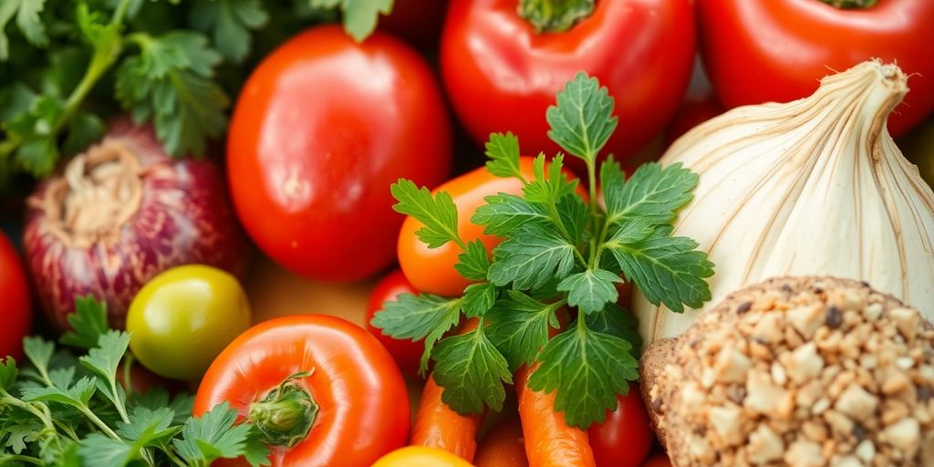 Fasziolose und Ernährung: Frisches Gemüse und Kräuter auf einem Tisch.