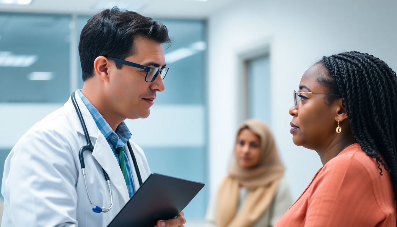 Clostridioides difficile: Doctor and patient in a bright clinic discussing health.