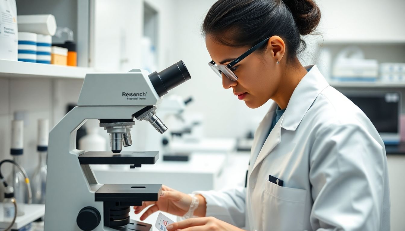 Clostridioides difficile: Doctor examining samples under a microscope in laboratory.