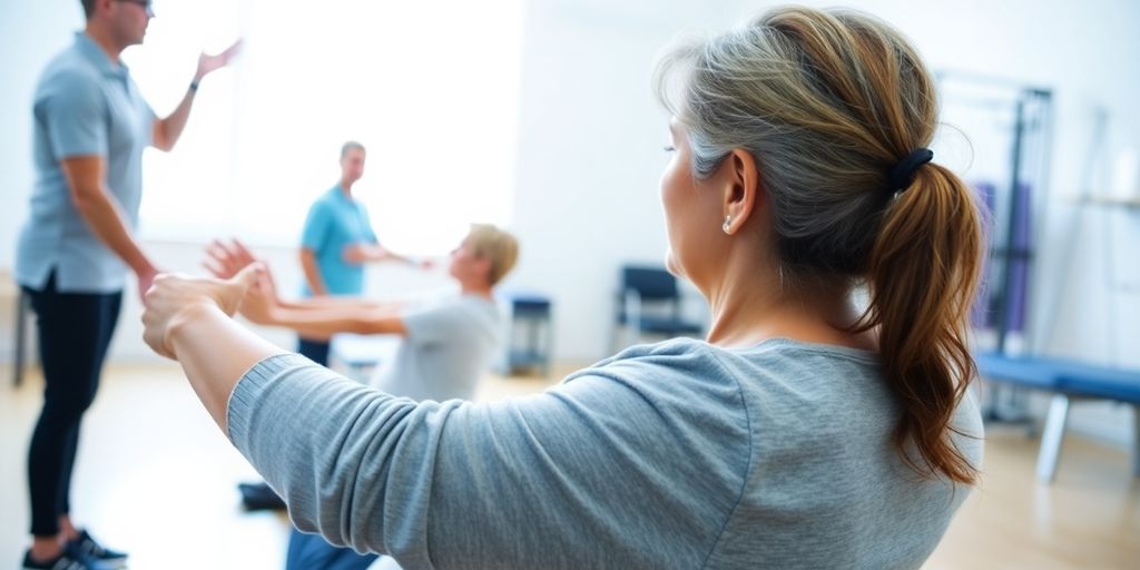 Patient und Therapeut bei der Rehabilitation der Bangsche Krankheit.