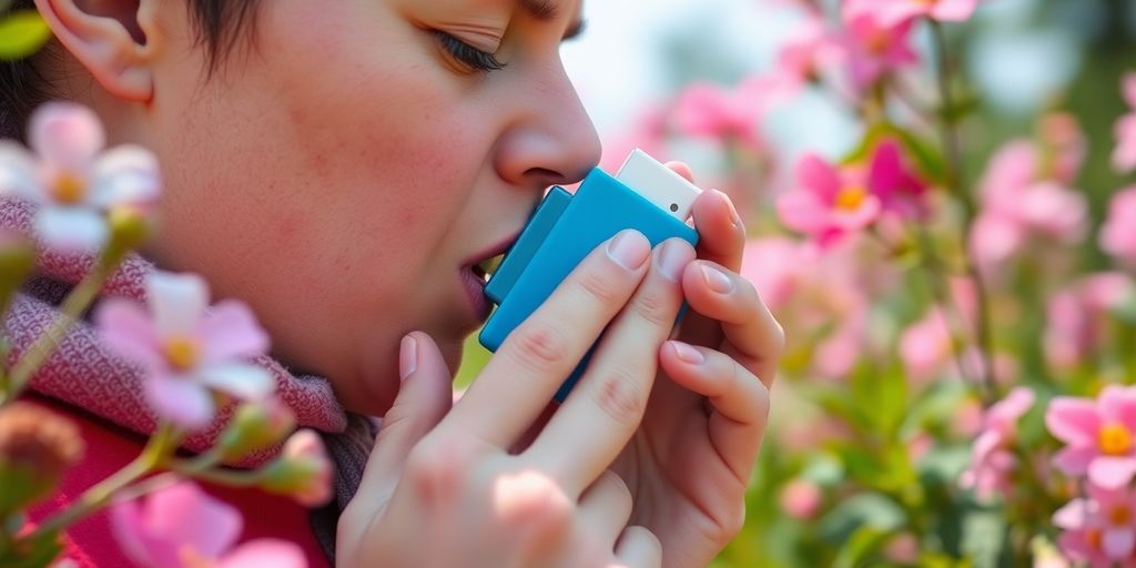 Allergisches Asthma im Überblick: Person mit Inhalator in blühender Natur.