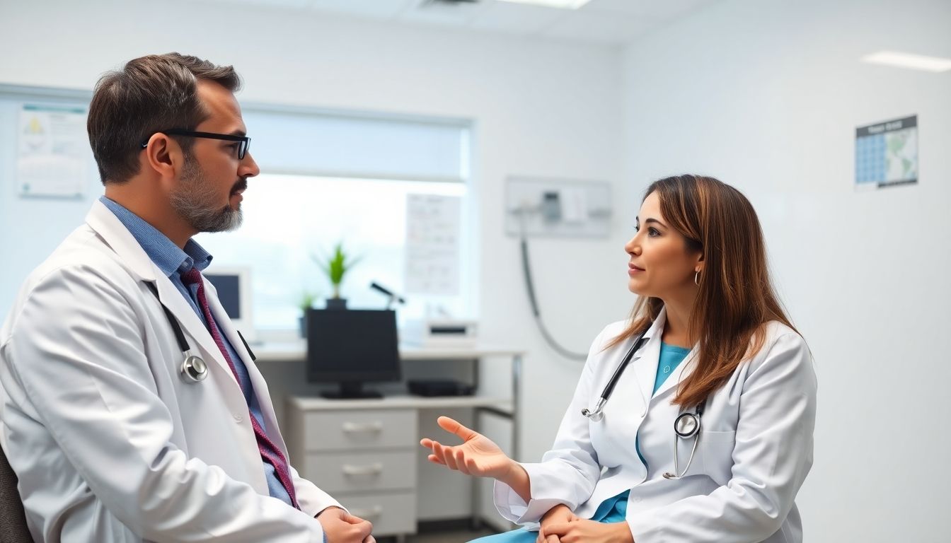 Behandlungsmöglichkeiten für allergisches Asthma: Doctor and patient in a bright medical office.