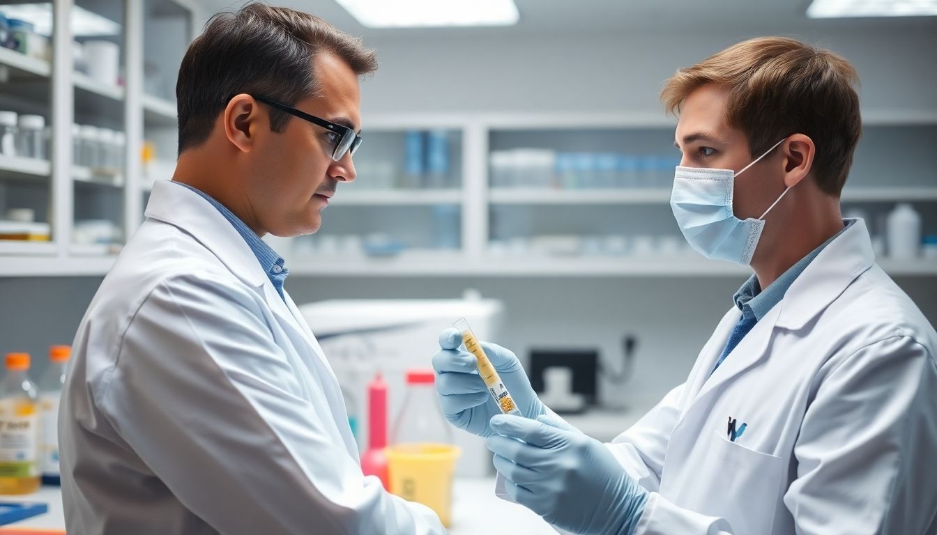 Doctor in a bright lab examining Bacillus anthracis samples.