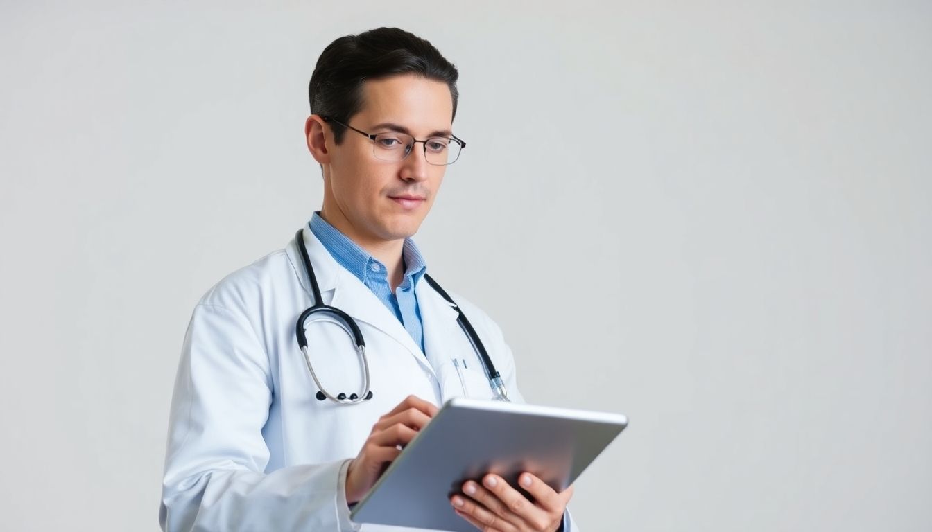 Bacillus anthracisDoctor with a tablet in a bright clinical setting.