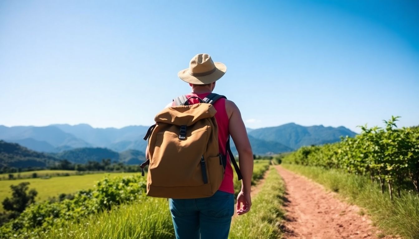 Bandwurmbefall und Reisen: Traveler with a backpack in a scenic landscape.
