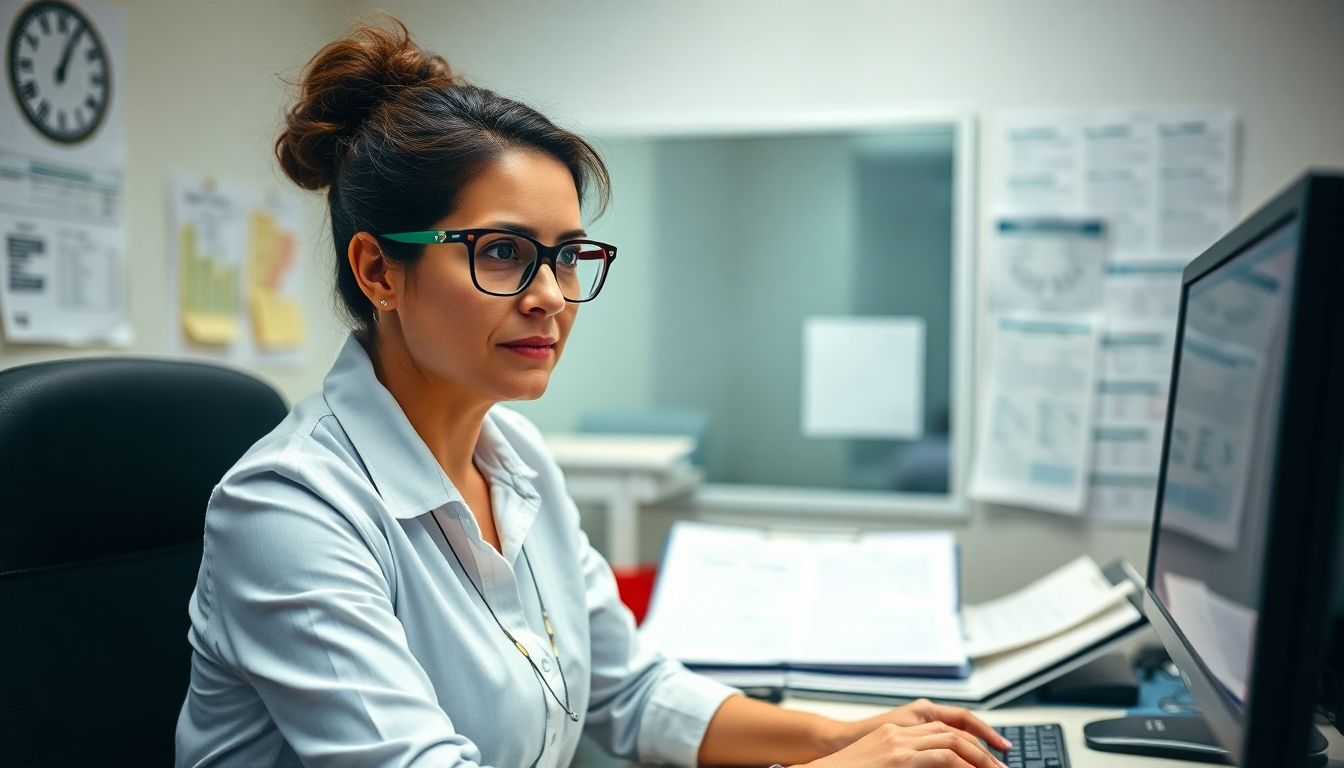 Prävention von Enterovirus Infektionen: Woman with glasses in an office setting.
