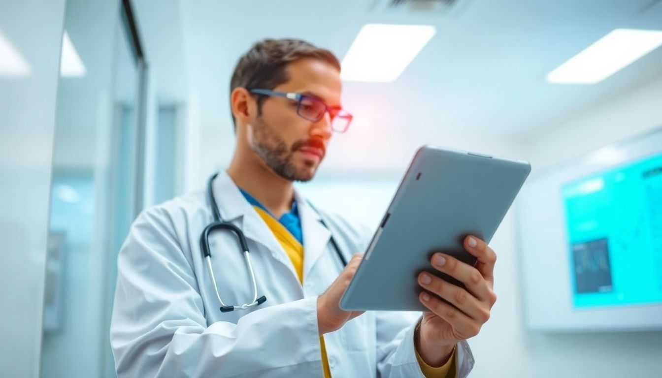 brasilianisches Fleckfieber: Doctor with tablet in bright environment, focusing on health.