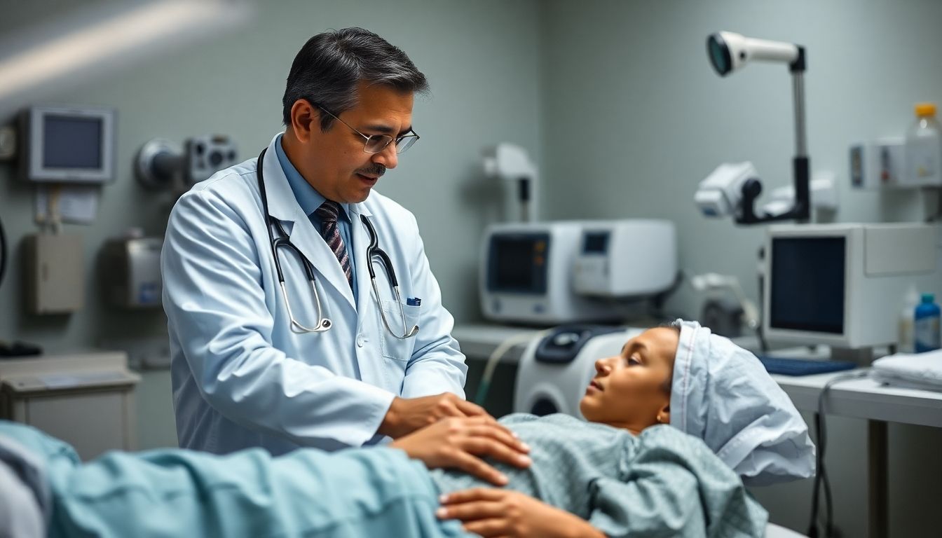 brasilianisches Fleckfieber: Doctor examining patient in a hospital setting.