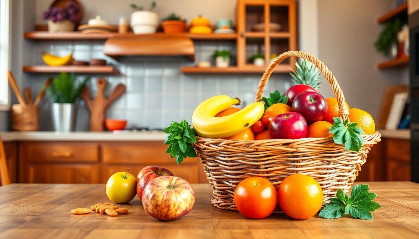 Ernährung und Varizellen: Colorful fruit basket in a cozy kitchen setting.