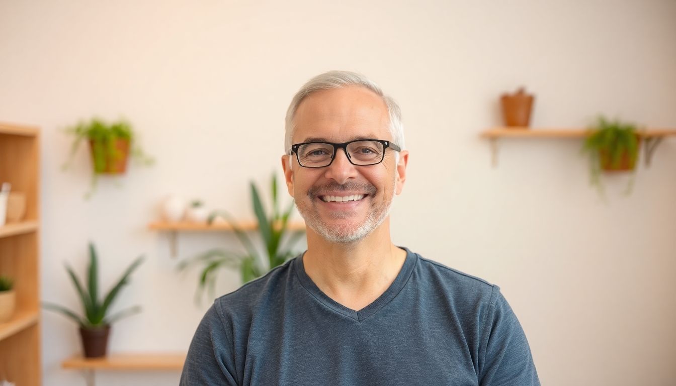 Vitalogie: Therapeut lächelt in heller Praxis, bereit zur sanften Wirbelsäulenbehandlung.