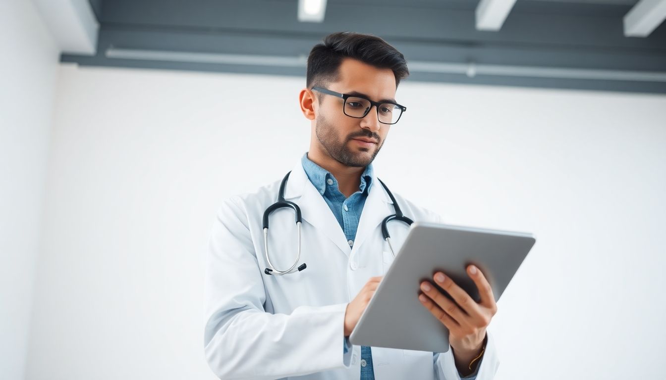 Coxiella burnetii: Doctor with tablet in a bright clinical environment.