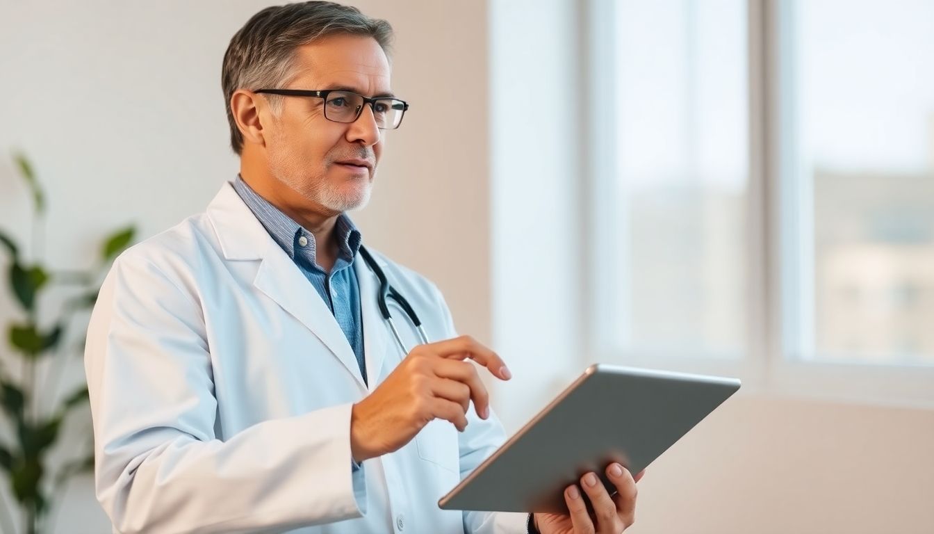 Fischbandwurmbefall: Doctor with tablet in a bright medical setting.