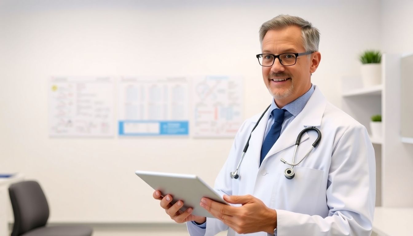 Campylobacter: Doctor with tablet in a bright medical office setting.