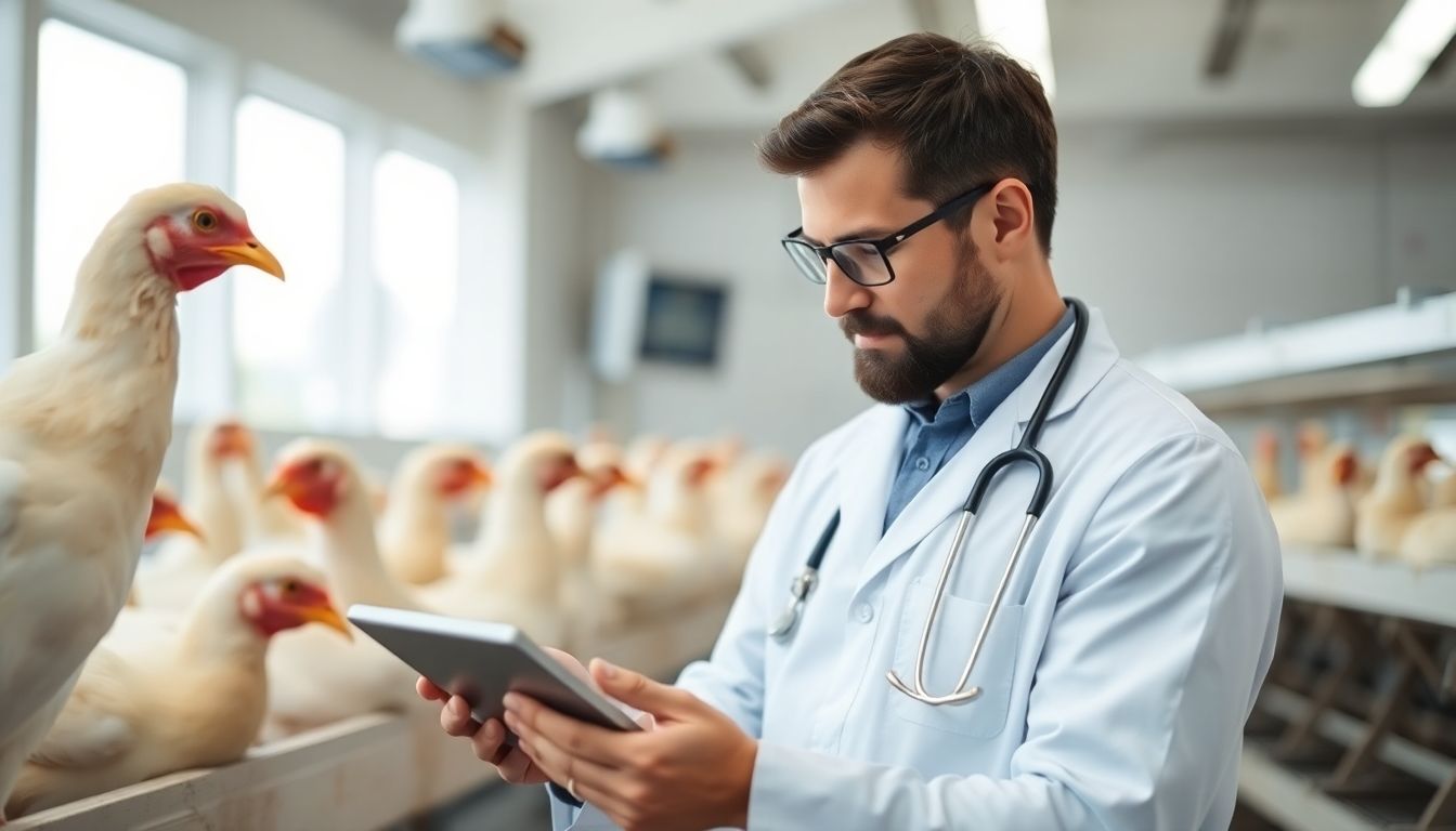 Diagnose der aviären Influenza: Veterinarian with tablet in bright environment, monitoring birds.