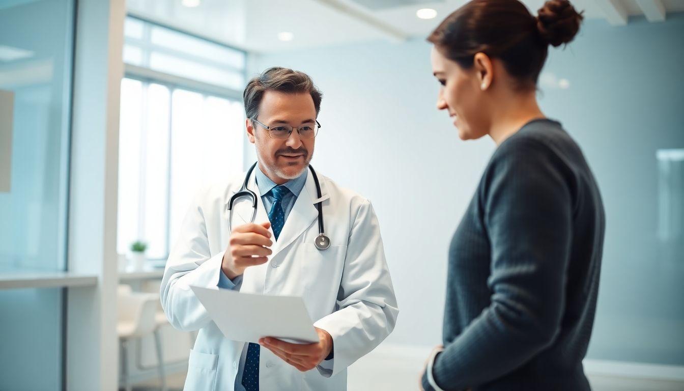 Aviäre Influenza: Doctor and patient in a bright clinic discussing health.