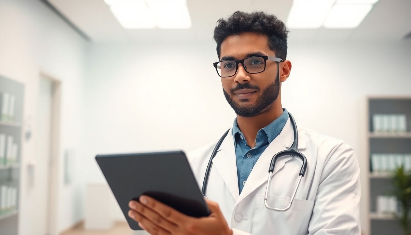 Affenpocken im Vergleich zu anderen Krankheiten: Doctor with tablet in a bright medical office.