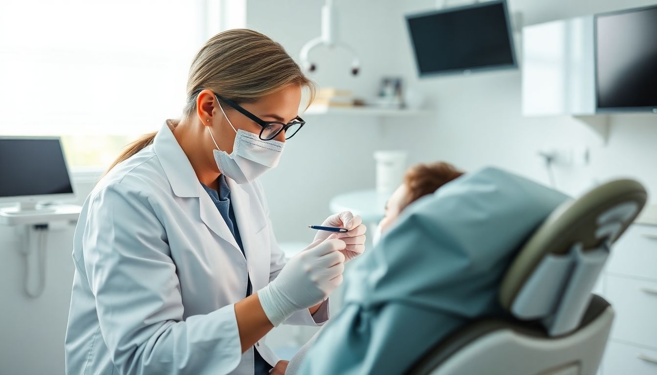 Alveolitis und ihre Definition: Dentist examining a patient in a dental practice.