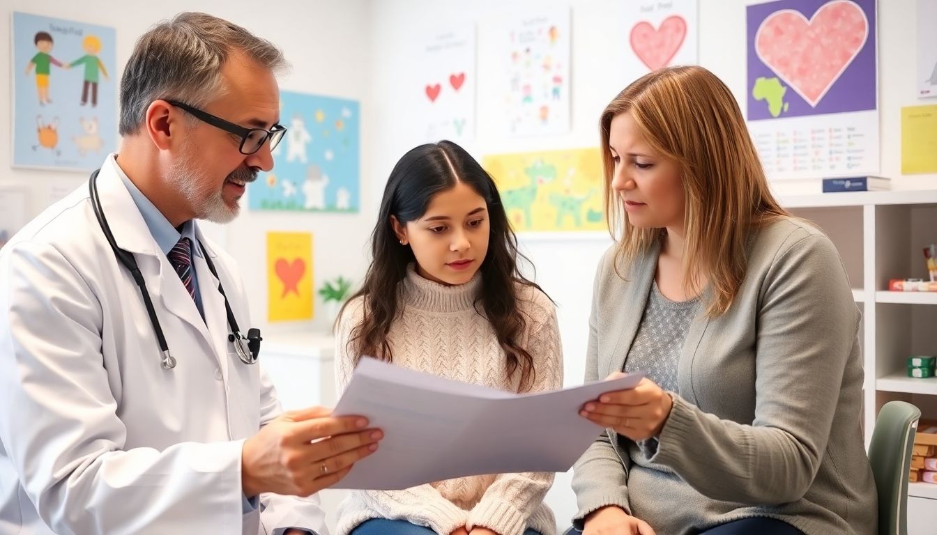 Dreitagefieber erkennen: Pediatrician consulting with a parent in a bright clinic.