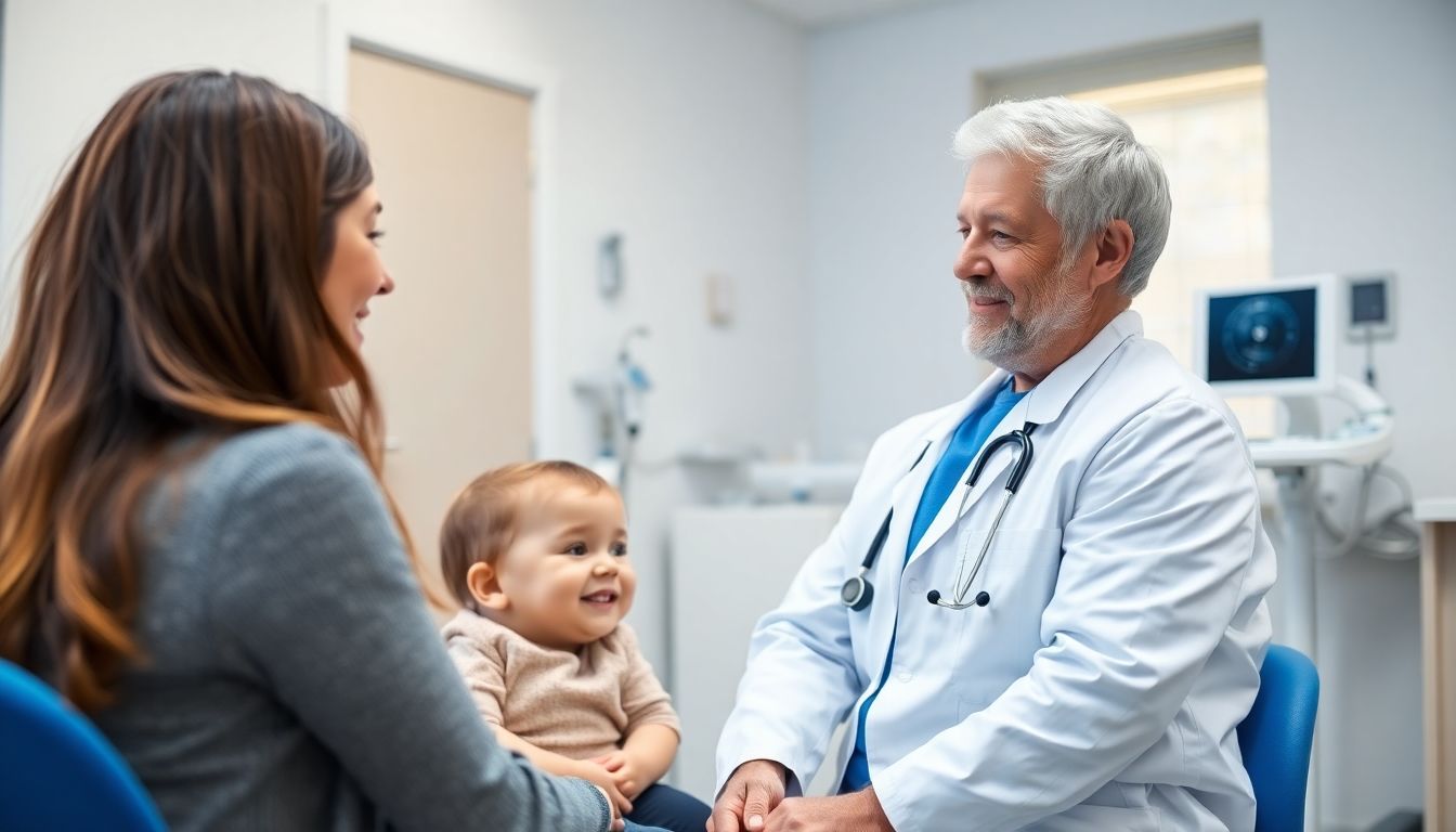 Dreitagefieber und andere Virusinfektionen: Pediatrician with parent and child in bright office.