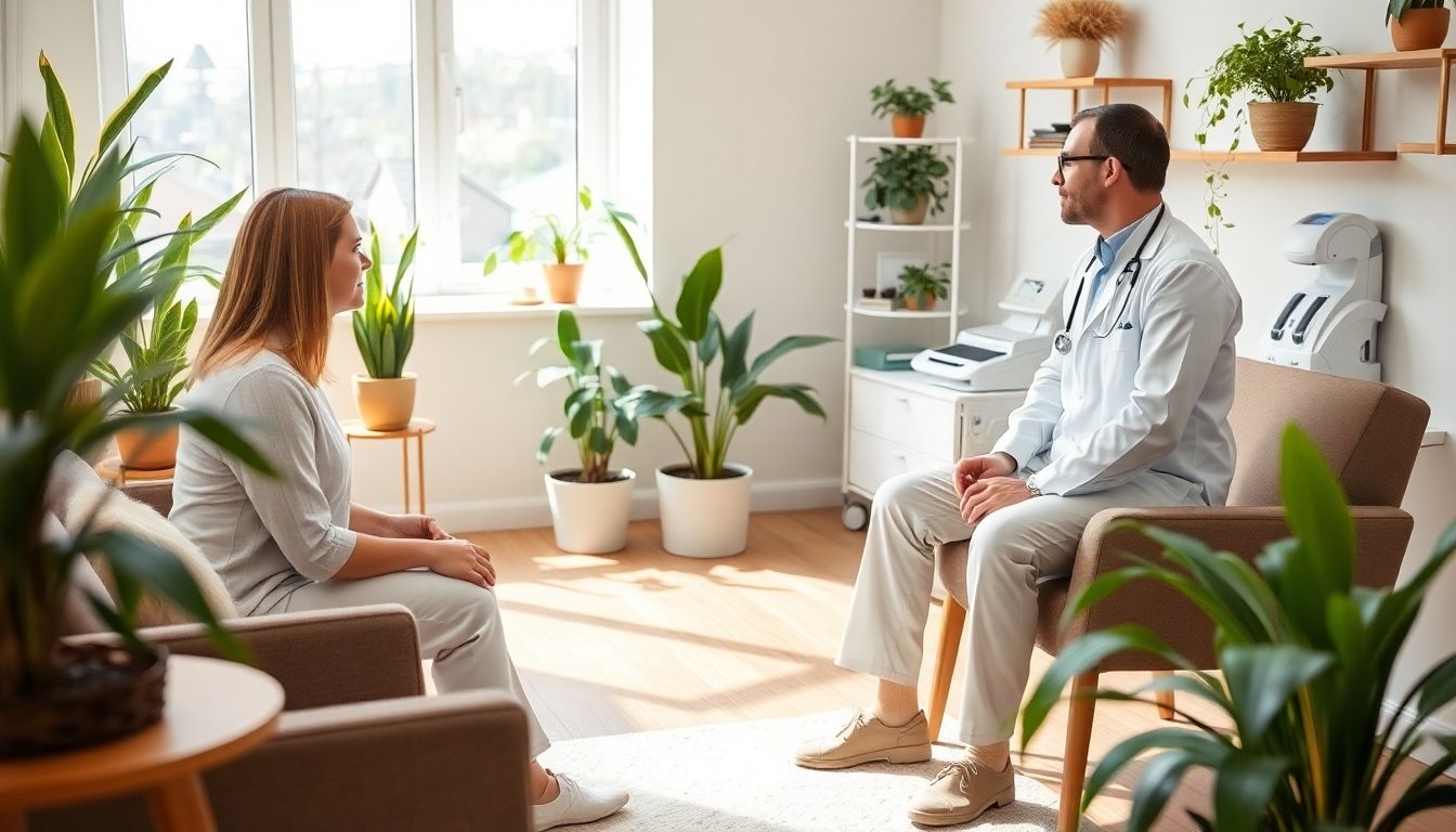 Hausstauballergie: Heilpraktiker berät Patientin in moderner Praxis über Allergien.