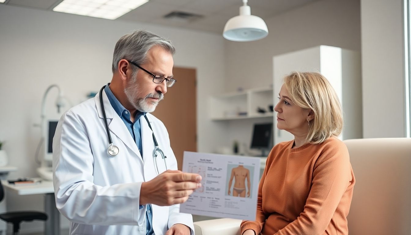 Behandlungsmöglichkeiten für creeping eruption: Doctor and patient consultation in a bright clinic.