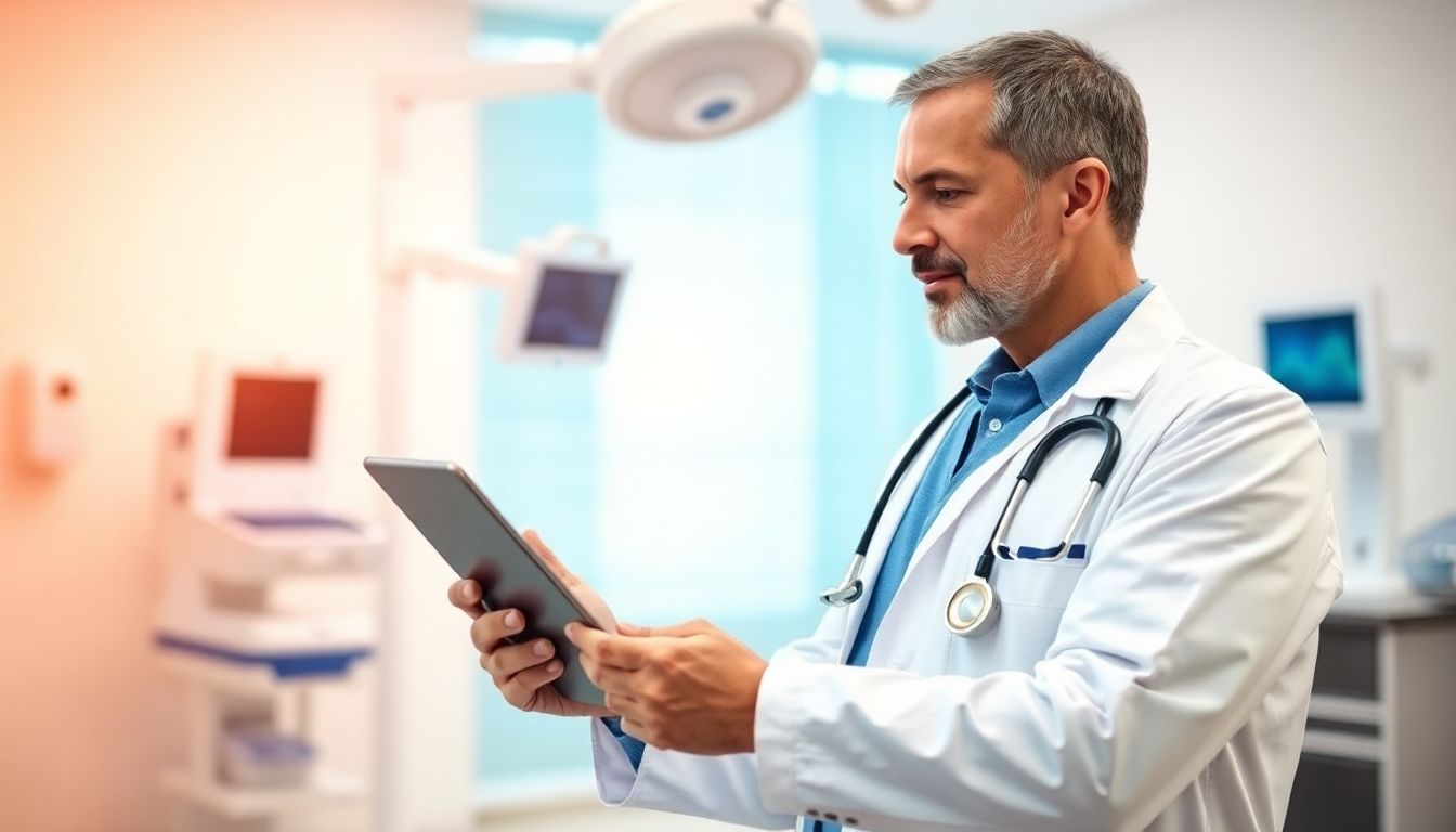 Definition der Atelektase: Doctor with tablet in bright medical environment.