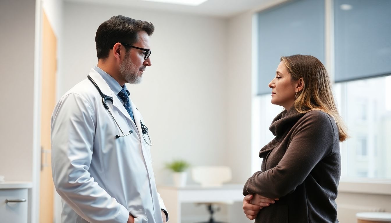 Risikofaktoren für Atelektase: Doctor and patient in a bright medical office.