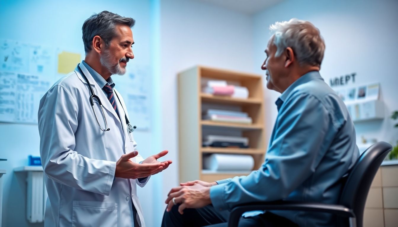 Bauernwetzel bei älteren Menschen: Doctor and patient consulting in a bright medical office.