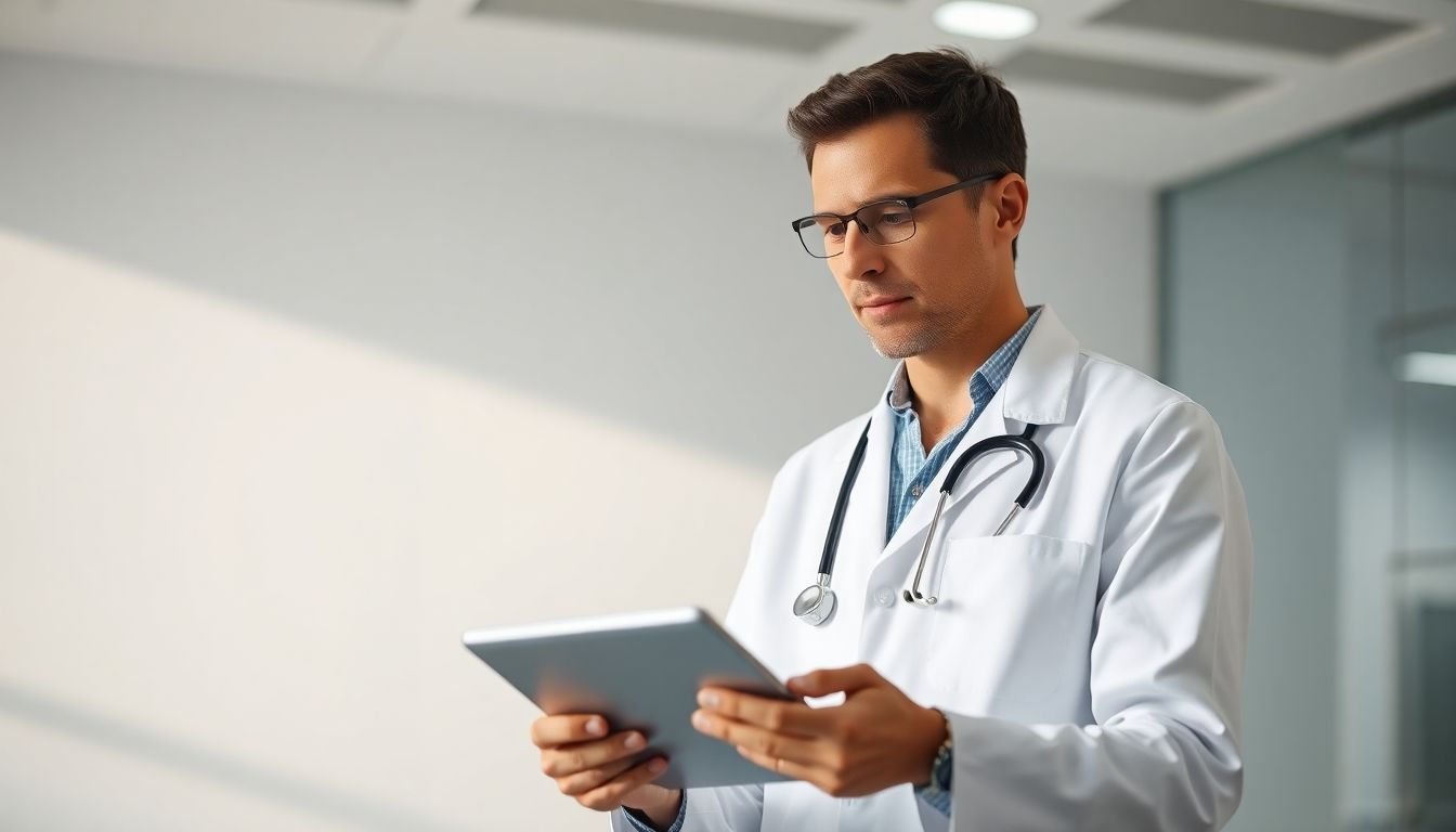 Bauernwetzel und Komorbiditäten: Doctor with tablet in a bright medical environment.